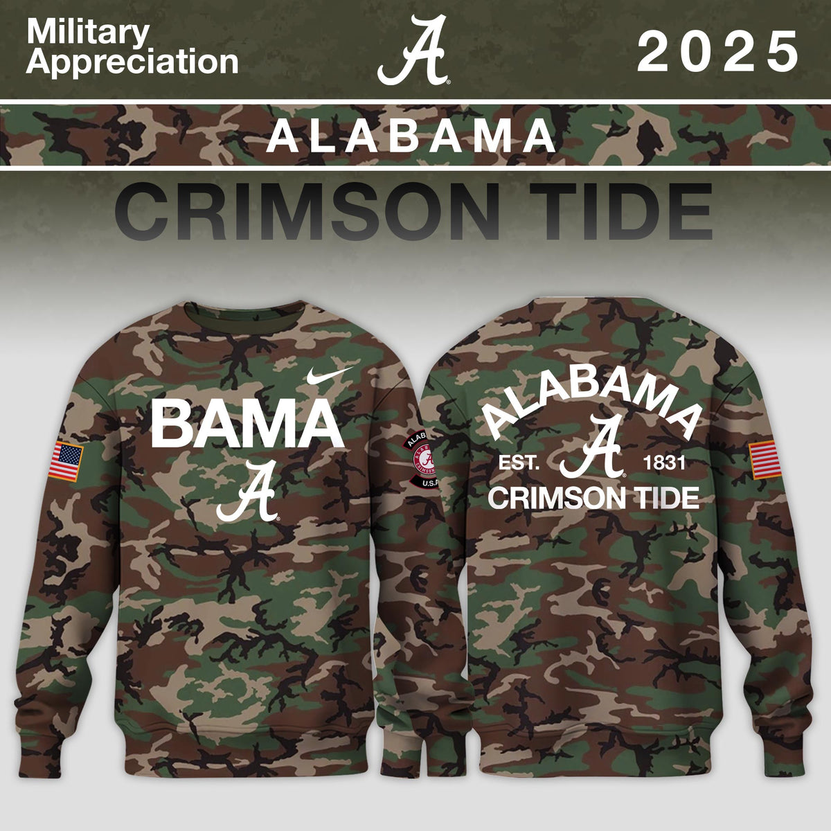 _ Alabama Crimson Tide 2025 Military Appreciation Limited Edition Sweatshirt - Camo