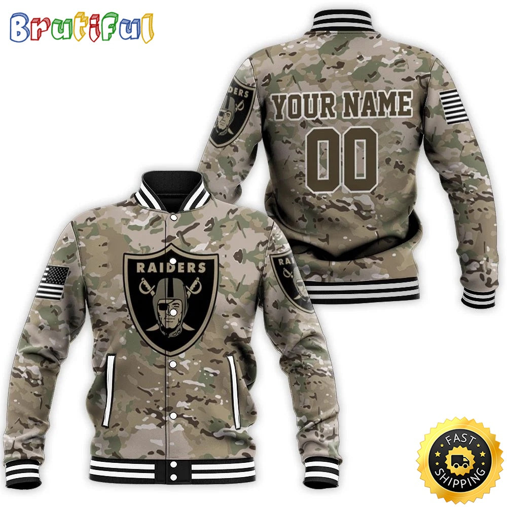 Personalized NFL Oakland Raiders Baseball Jacket Camouflage Veteran