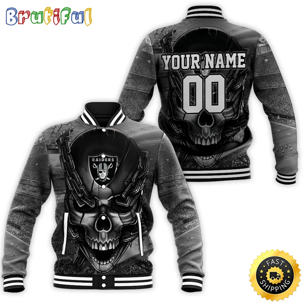 Personalized NFL Oakland Raiders Baseball Jacket Skull Chains