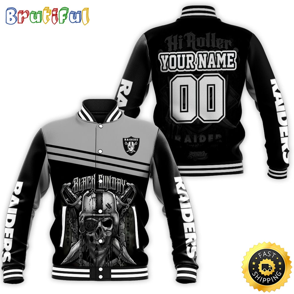 Personalized NFL Oakland Raiders Black Sunday Skull Baseball Jacket For Fans