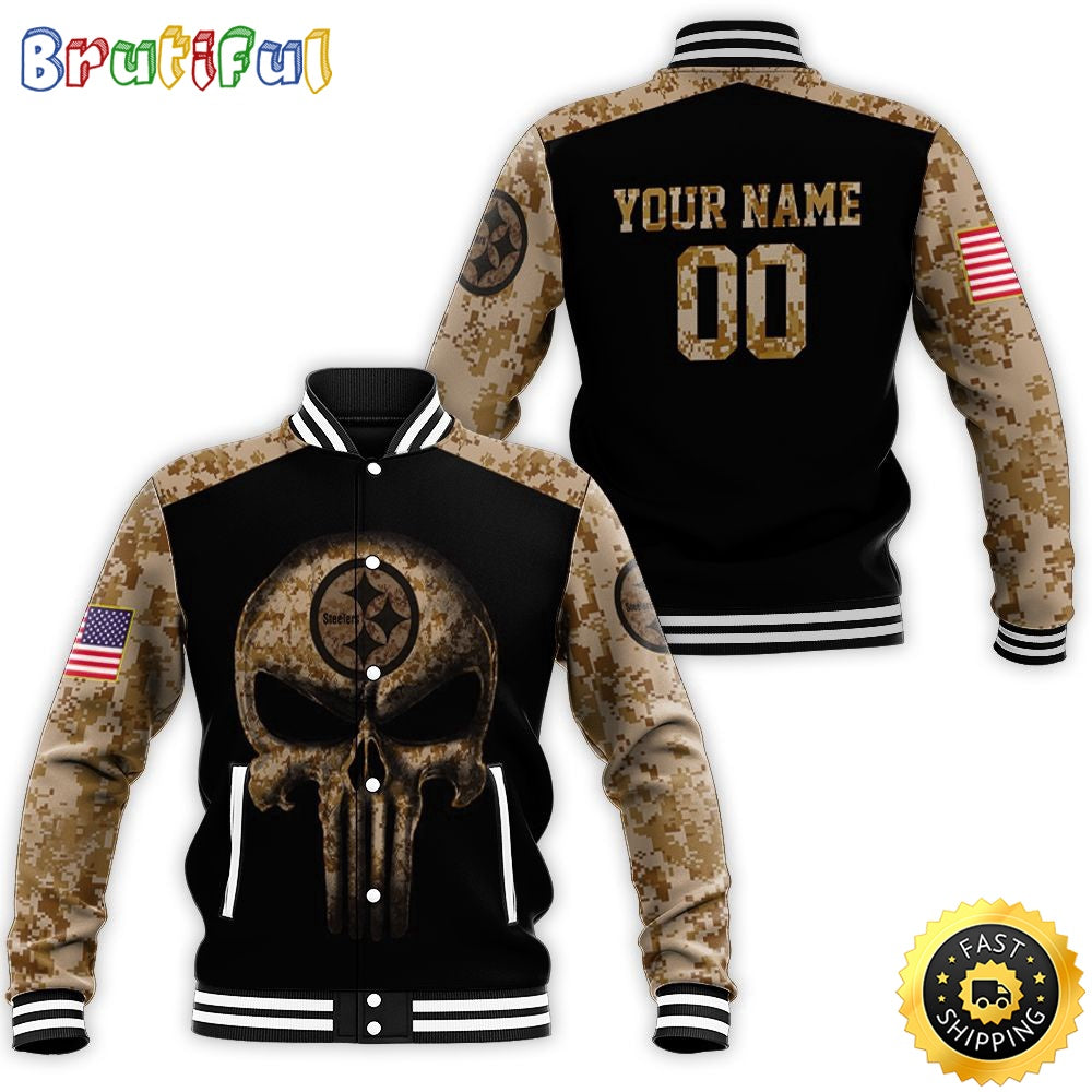 Personalized NFL Pittsburgh Steelers Baseball Jacket Camouflage Skull American Flag