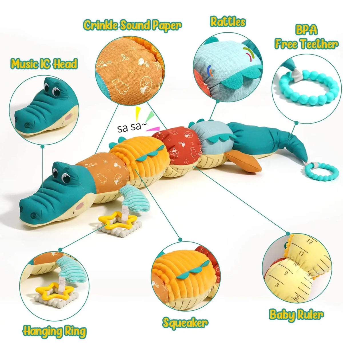 Tummy Time Toys 0-24 Months Baby Musical Stuffed Animal Infant Ruler Design Rattle and Multi-Textures Newborn Toys for Babies
