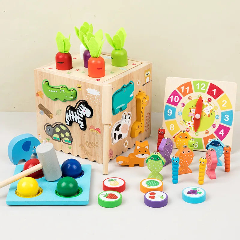 8 in 1 Montessori Toy Shape Sorter Wooden Puzzle Shape Matching Toys Kids Matching Game Learn Educational Toy for Toddlers Gift