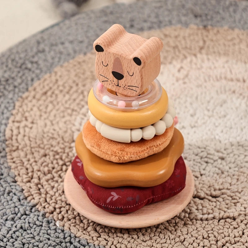 0-12 Months Cotton Rattle Toys For Children Sensory Toy Baby Pole Stacking Toy Wooden Cartoon Lion Montessori Building Game Gift