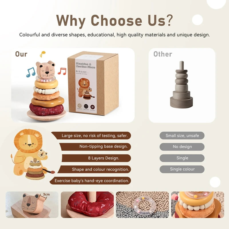 0-12 Months Cotton Rattle Toys For Children Sensory Toy Baby Pole Stacking Toy Wooden Cartoon Lion Montessori Building Game Gift