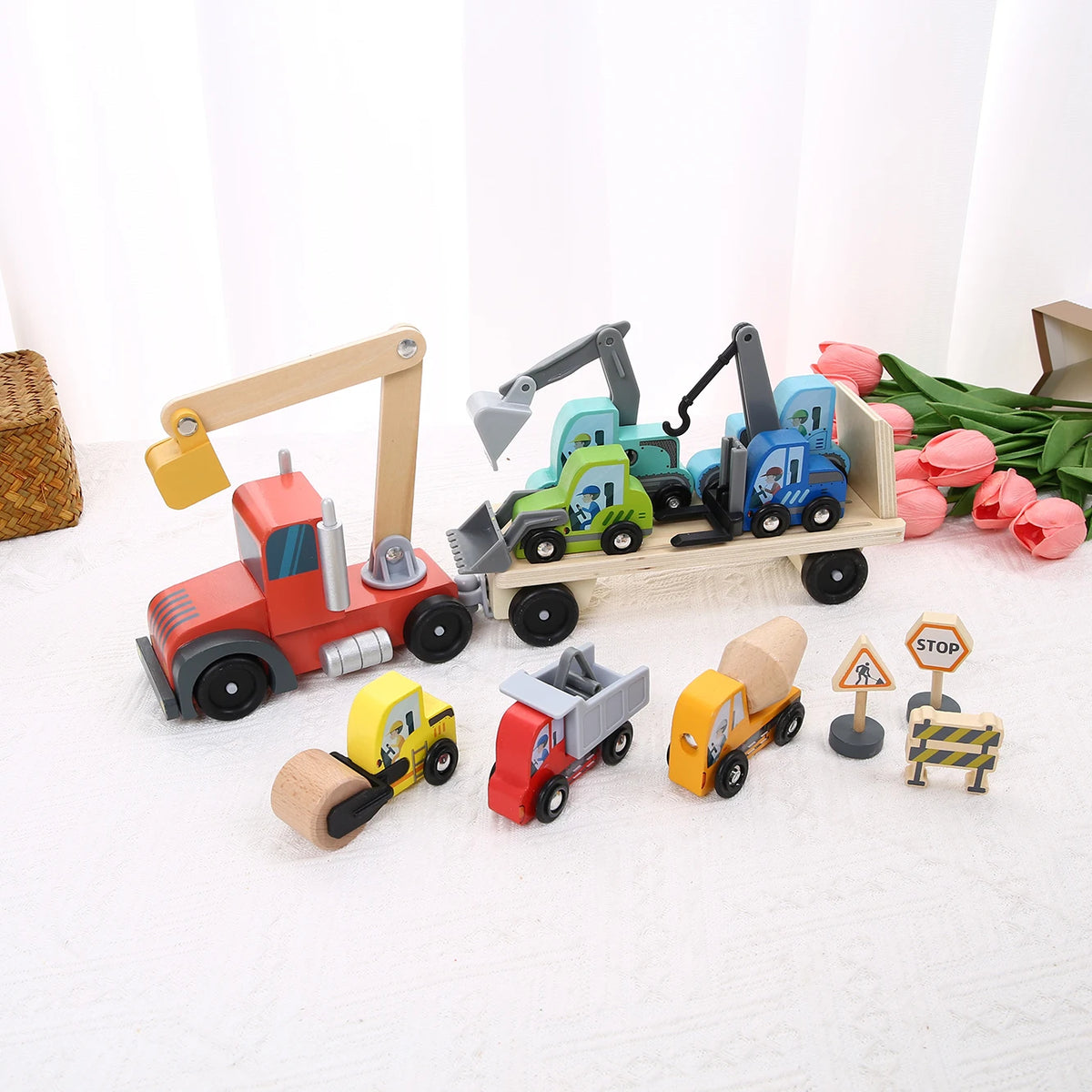 Wooden transport engineering vehicle, children's truck transport vehicle, toy car model, simulation car