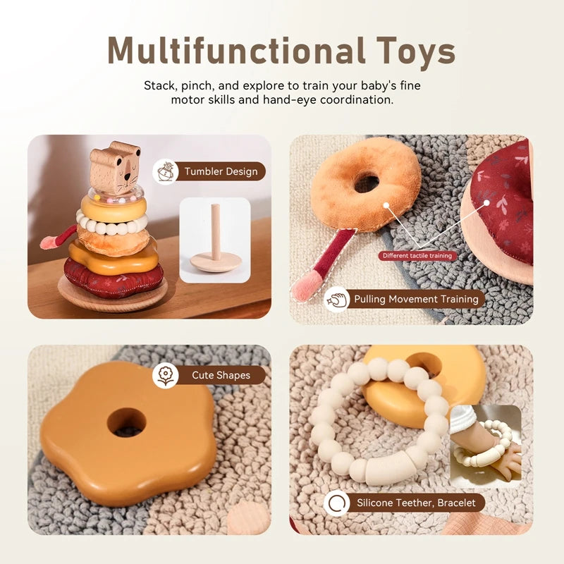 0-12 Months Cotton Rattle Toys For Children Sensory Toy Baby Pole Stacking Toy Wooden Cartoon Lion Montessori Building Game Gift