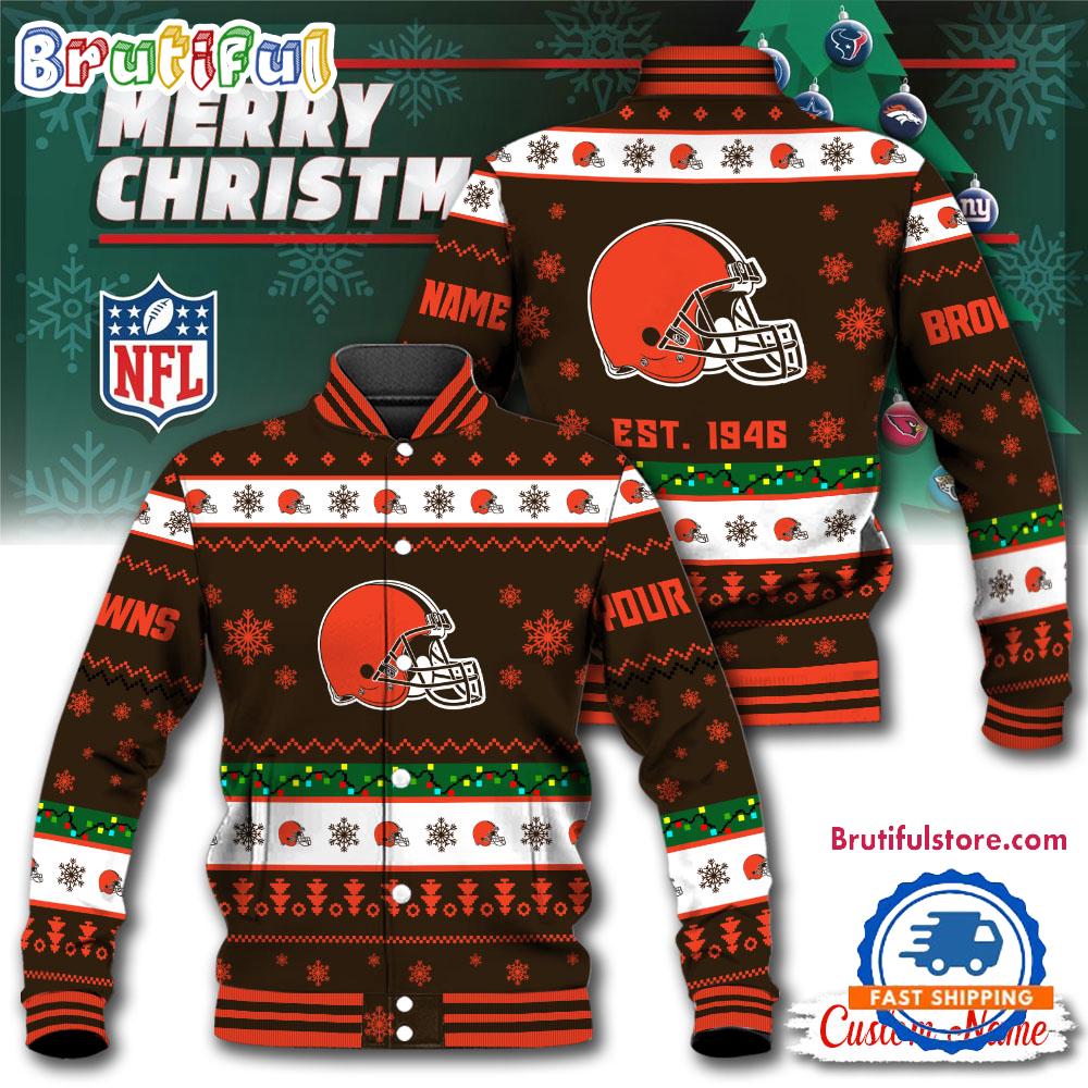 NFL Cleveland Browns Snow Xmas Tree Christmas Custom Baseball Jacket