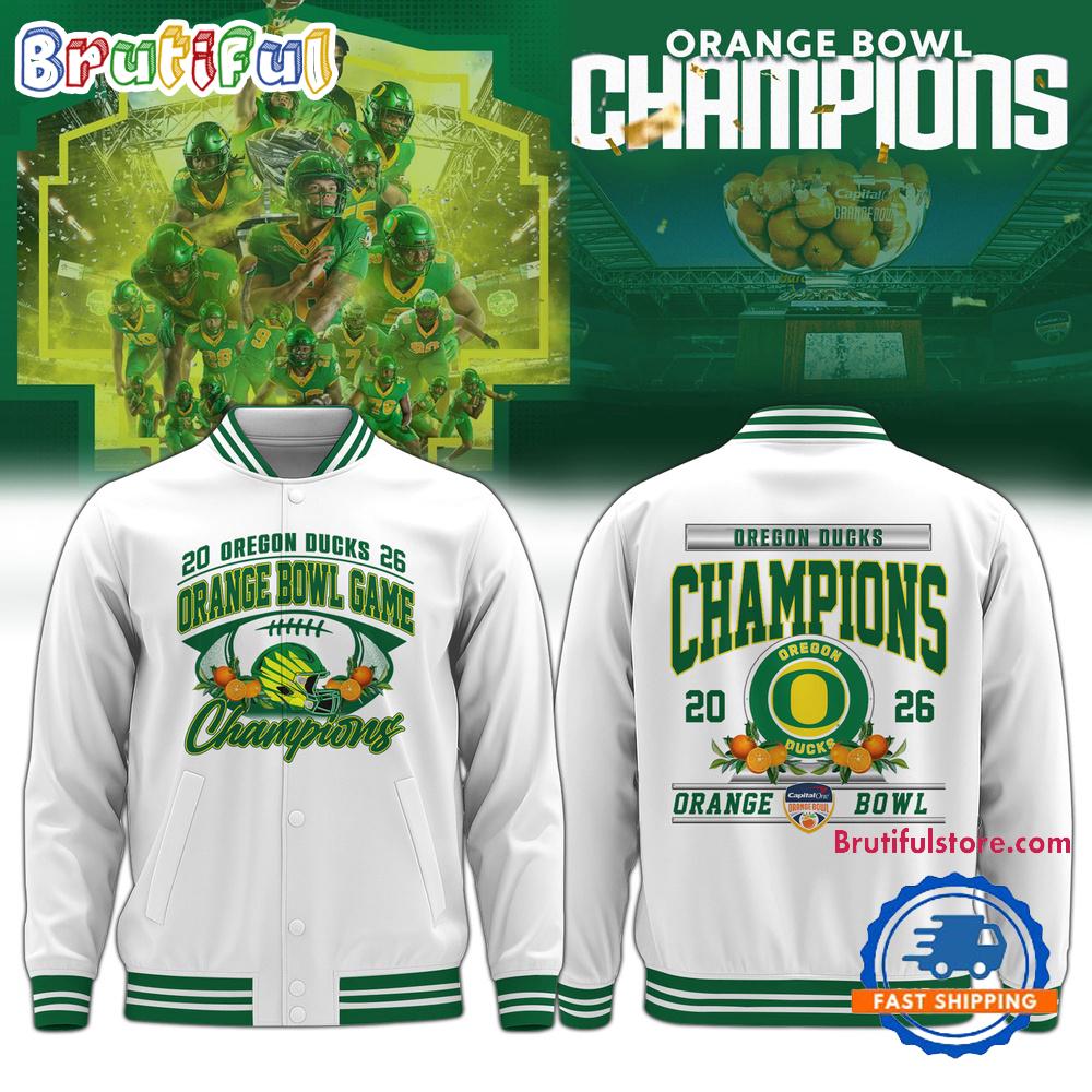 Oregon Ducks Football 2026 Orange Bowl Champions Limited Edition White Bomber Jacket