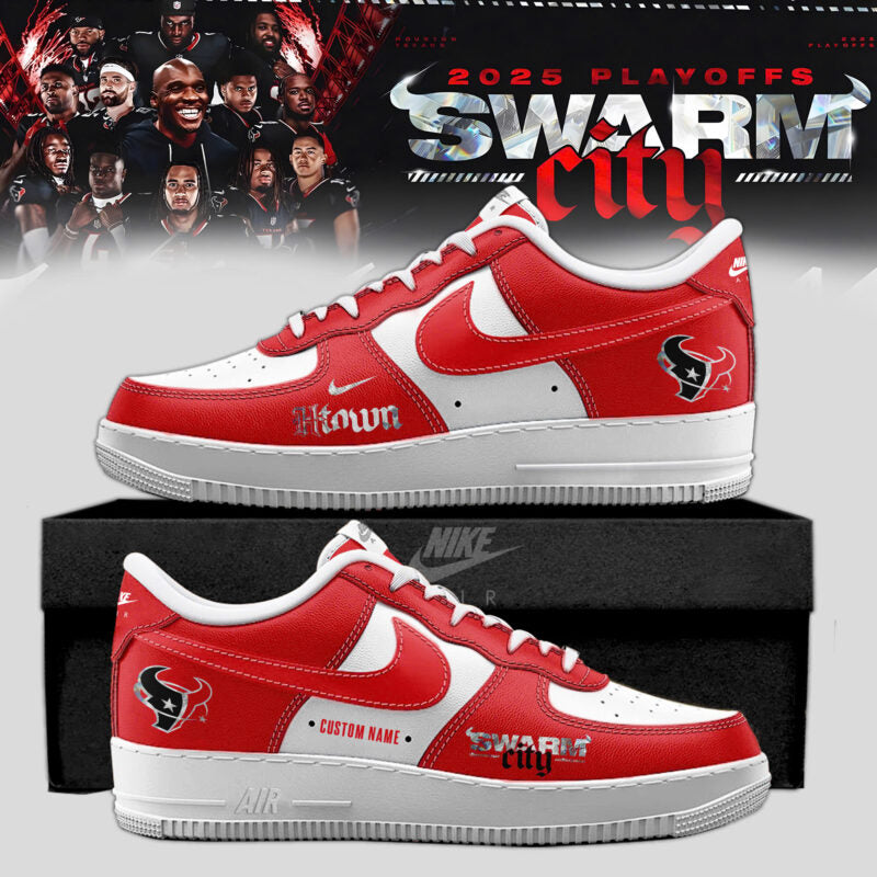 .Houston Texans 2025 NFL Playoffs S.W.A.R.M. City Special Edition Red AF1 Sneakers