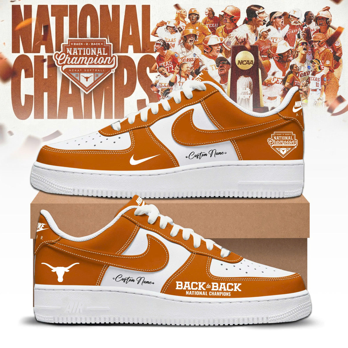 Texas Longhorns 2026 NCAA Softball Women’s College World Series National Champions AF1 Sneakers